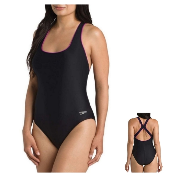 Speedo Ultraback Swimsuit Black with Hot Pink Piping One Piece Racerback Size 18 - Picture 1 of 16